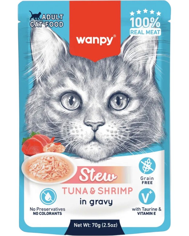 Паучове за котки Wanpy Паучове за котки Wanpy - 10 x 70 g, с риба тон и скариди в сос, от серията Stew in Gravy - храна