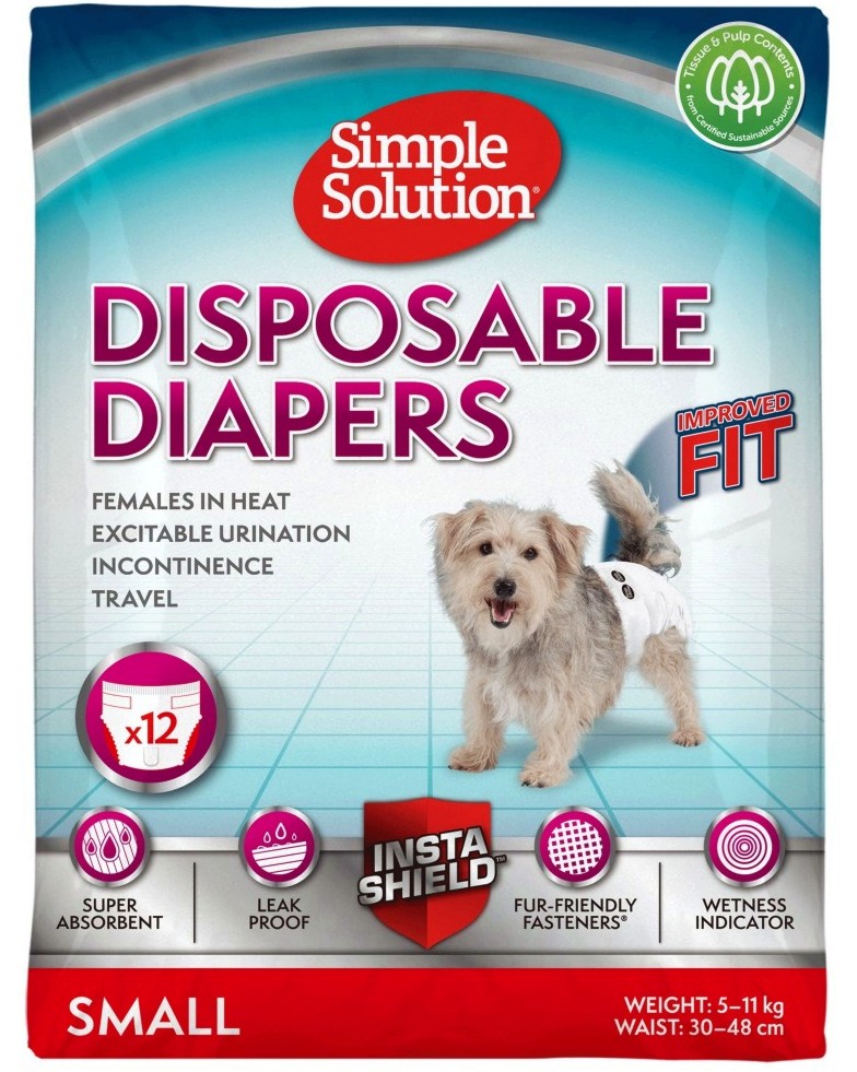 Пелени за женски кучета Simple Solution Small Пелени за женски кучета Simple Solution Small - 12 броя, от 30 до 48 cm - продукт