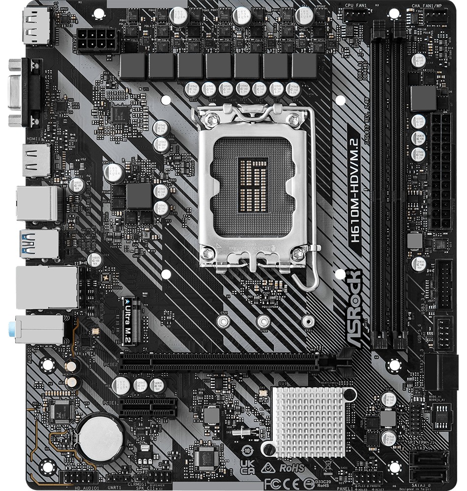 Дънна платка ASRock H610M-HDV/M.2 R 2.0 Дънна платка ASRock H610M-HDV/M.2 R 2.0 - LGA 1700, Intel H610, DDR4, Micro ATX -
