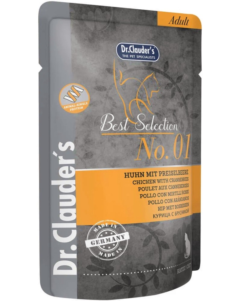 Пауч за котки Dr.Clauder's Animal Single Protein Пауч за котки Dr.Clauder's Animal Single Protein - 85 g, с пилешко и червени боровинки, от серията Best Selection, в зряла възраст - храна