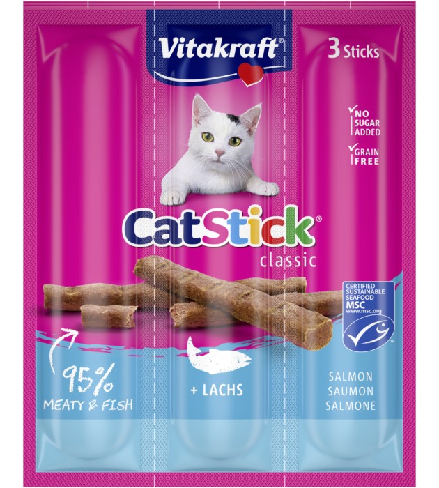 Лакомства за котки Vitakraft Cat Stick Лакомства за котки Vitakraft Cat Stick - 18 g, със сьомга, от серията Classic - храна
