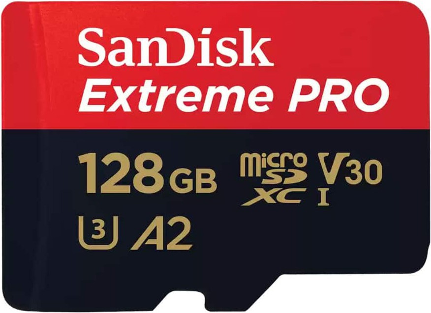 Micro SDXC карта памет 128 GB SanDisk - Class 10, U3, V30, A2 със SD адаптер от серията Extreme Pro - 