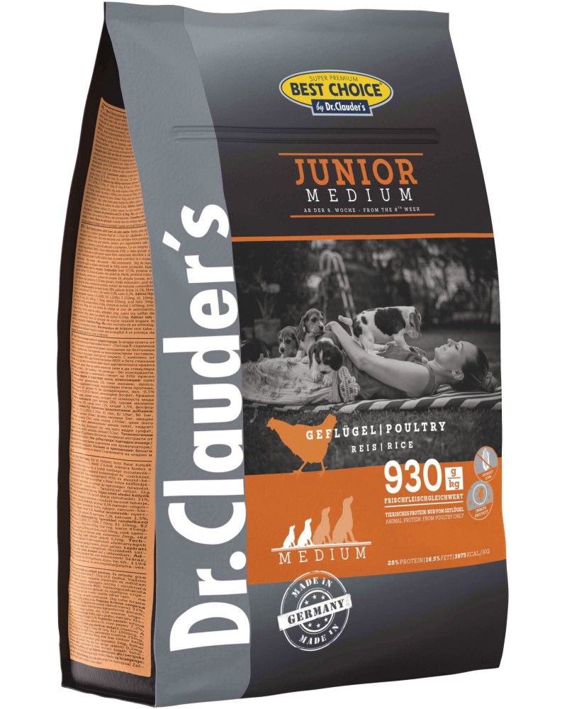 Суха храна за кучета Dr.Clauder's Junior Medium Суха храна за кучета Dr.Clauder's Junior Medium - 4 kg, с птиче месо и ориз, от серията Best Choice, за средни породи, от 2 до 12 месеца - храна