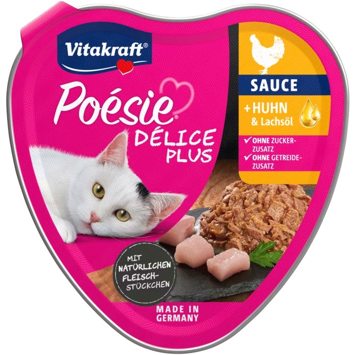 Хапки в сос за котки Vitakraft Delice Plus Хапки в сос за котки Vitakraft Delice Plus - 85 g, с пилешко и масло от сьомга, от серията Poesie - храна