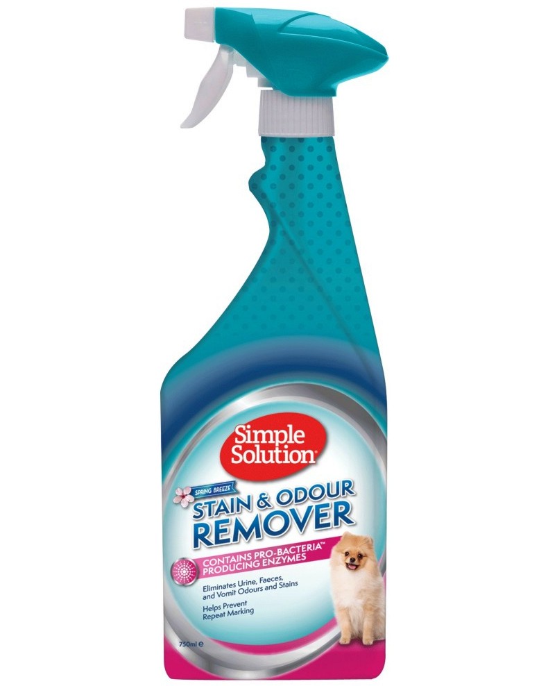 Препарат за петна и миризми от кучета Simple Solution Stain & Odour Remover Spring Breeze Препарат за петна и миризми от кучета Simple Solution Stain & Odour Remover Spring Breeze - 750 ml, с аромат на пролетен бриз - почистващ препарат