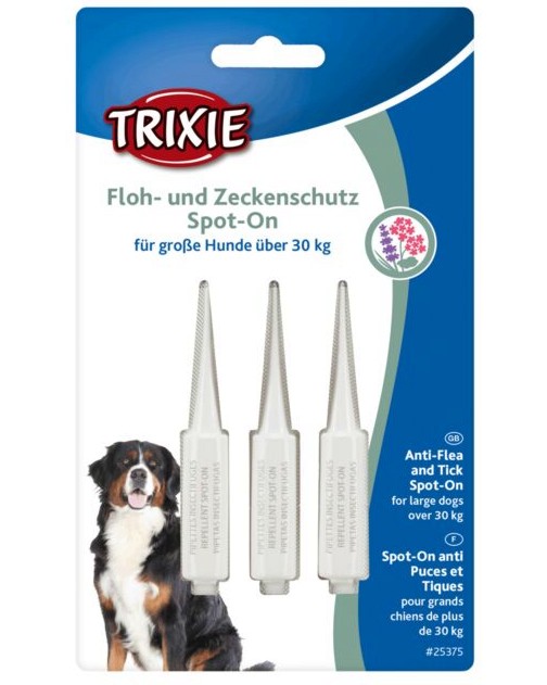 Репелентни капки Trixie Anti-Flea and Tick Spot-On Репелентни капки Trixie Anti-Flea and Tick Spot-On - 3 пипети x 5 ml, за кучета над 30 kg - продукт