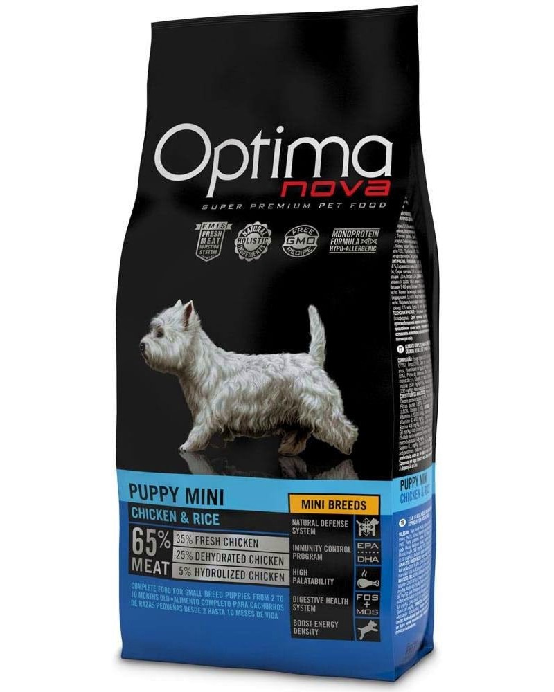 Суха храна за кучета Optima Nova Puppy Mini Суха храна за кучета Optima Nova Puppy Mini - 2 kg, с пилешко и ориз, за дребни породи, от 2 до 10 месеца - храна