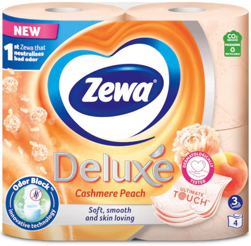 Трипластова тоалетна хартия Zewa Deluxe Cashmere Peach Трипластова тоалетна хартия Zewa Deluxe Cashmere Peach - 4 ÷ 32 рула - тоалетна вода