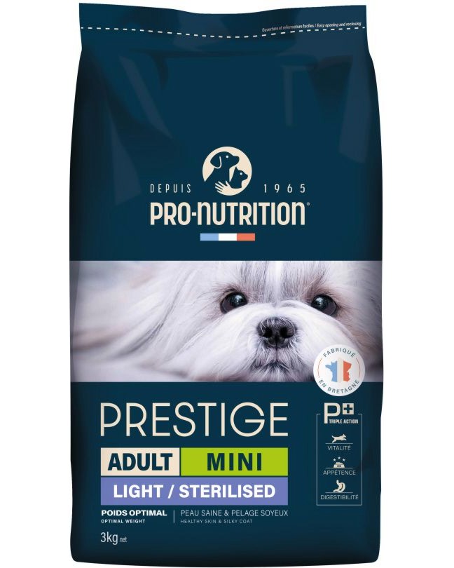 Суха храна за кастрирани кучета и със склонност към наднормено тегло Pro-Nutrition Adult Mini Light / Sterilised Суха храна за кастрирани кучета и със склонност към наднормено тегло Pro-Nutrition Adult Mini Light / Sterilised - 3 kg, от серията Prestige Dog, за дребни породи, с тегло от 2 до 10 kg - храна