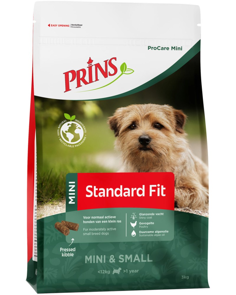 Натурална студено пресована суха храна за кучета Prins Standard Fit Натурална студено пресована суха храна за кучета Prins Standard Fit - 3 ÷ 15 kg, с пилешко и пуешко, от серията ProCare Mini, в зряла възраст - храна