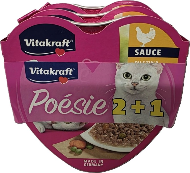 Хапки за котки Vitakraft Хапки за котки Vitakraft - 2 + 1 подарък x 85 g, с пилешко и градински зеленчуци, от серията Poesie - храна