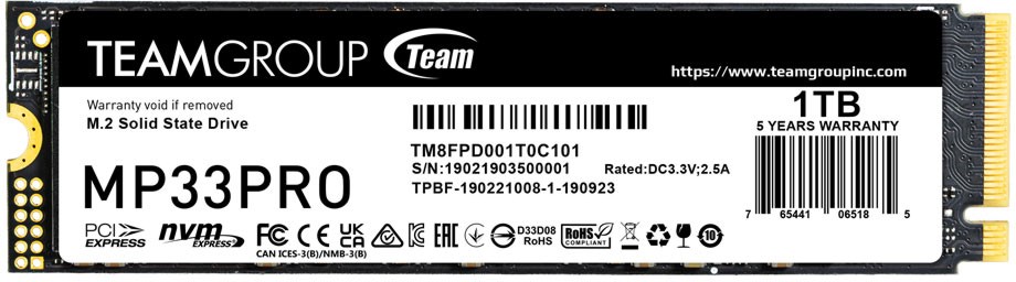 SSD ����� Team Group MP33 Pro PCIe 3.0 x4 NVMe - 1 TB, ������ 3400 MB/s, ����� 2600 MB/s, 3D NAND - 