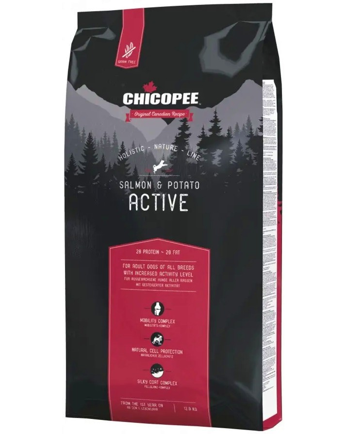 Суха храна за активни кучета CHICOPEE Active Суха храна за активни кучета CHICOPEE Active - 12 kg, със сьомга и картофи, от серията Holistic Nature Line, в зряла възраст - храна