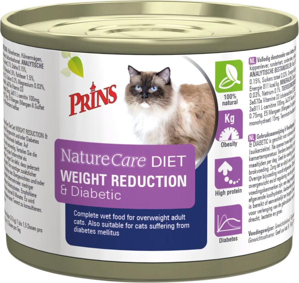 Натурална консерва за котки за контрол на теглото и при диабет Prins NatureCare Diet Weight Reduction & Diabetic Натурална консерва за котки за контрол на теглото и при диабет Prins NatureCare Diet Weight Reduction & Diabetic - 200 g, с пилешко, от серията Dietetic, в зряла възраст - храна