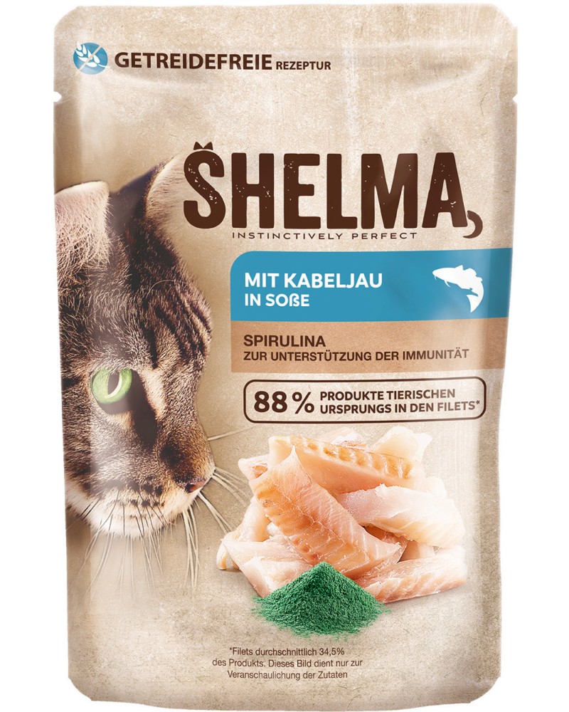 Пауч за котки SHELMA Пауч за котки SHELMA - 85 и 28 x 85 g, с треска и спирулина в сос - храна