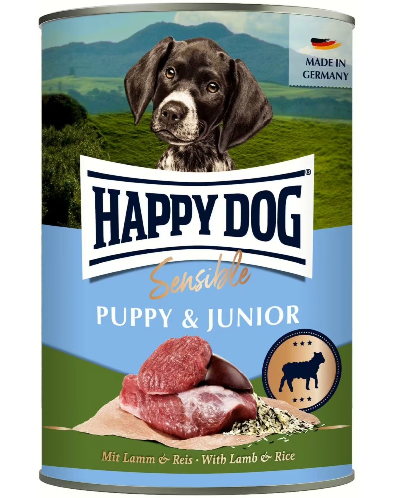 Консерва за кучета с чувствително храносмилане Happy Dog Puppy & Junior Консерва за кучета с чувствително храносмилане Happy Dog Puppy & Junior - 200 и 400 g, с агнешко и ориз, от серията Sensible, от 8 седмици до 18 месеца - храна