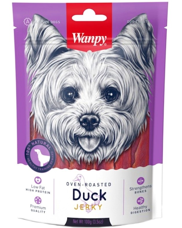 Натурални лакомства за кучета Wanpy Jerky Натурални лакомства за кучета Wanpy Jerky - 100 g, с патешко - храна