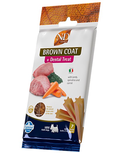 Дентални лакомства за кучета с кафява козина N&D Adult Mini Dental Treat Дентални лакомства за кучета с кафява козина N&D Adult Mini Dental Treat - 60 g, с агнешко, моркови и спирулина, от серията Brown, за дребни породи, над 4 месеца - храна