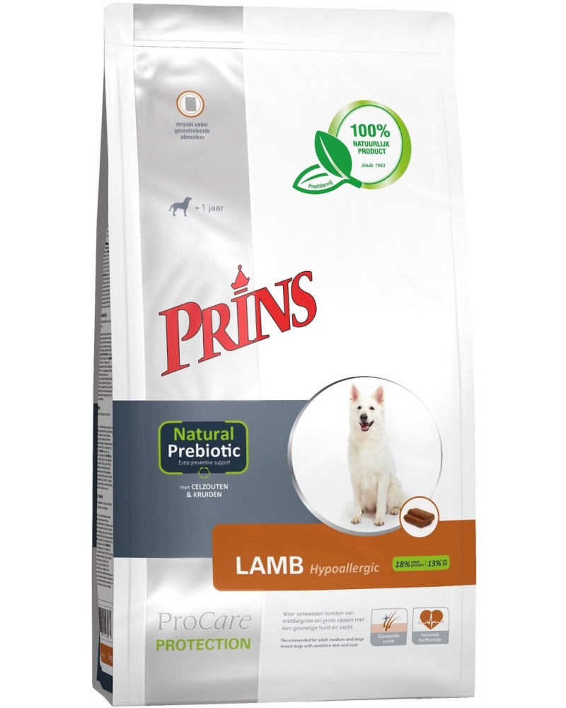 Натурална суха храна за кучета с чувствителна кожа и козина Prins Hypoallergenic Натурална суха храна за кучета с чувствителна кожа и козина Prins Hypoallergenic - 3 ÷ 20 kg, с агнешко, от серията ProCare Protection, над 1 година - храна