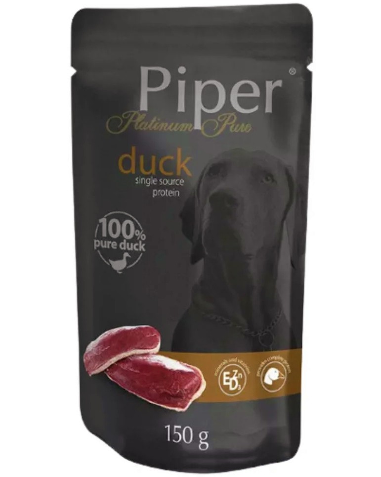 Пауч за кучета Piper Пауч за кучета Piper - 10 х 150 g, с патешко, от серията Platinum Pure, в зряла възраст - храна