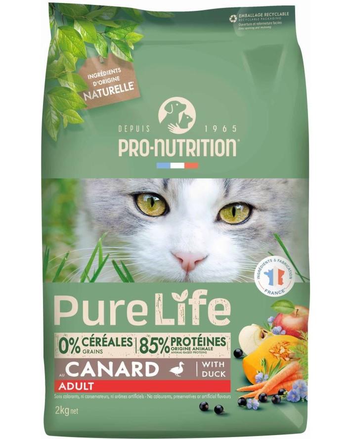Суха храна за котки Pro-Nutrition Adult Суха храна за котки Pro-Nutrition Adult - 2 и 8 kg, с патешко, от серията Pure Life Cat, над 1 година - храна