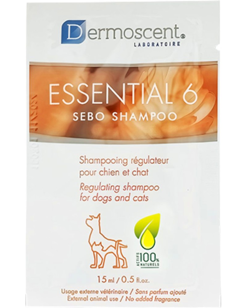 Себорегулиращ шампоан за кучета и котки Dermoscent Essential 6 Sebo Себорегулиращ шампоан за кучета и котки Dermoscent Essential 6 Sebo - 5 x 15 ml - шампоан