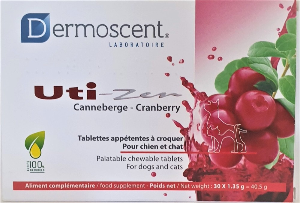 Хранителна добавка за здрав уринарен тракт за кучета и котки Dermoscent Uti-Zen Хранителна добавка за здрав уринарен тракт за кучета и котки Dermoscent Uti-Zen - 30 таблетки x 1.35 g, с червена боровинка - продукт