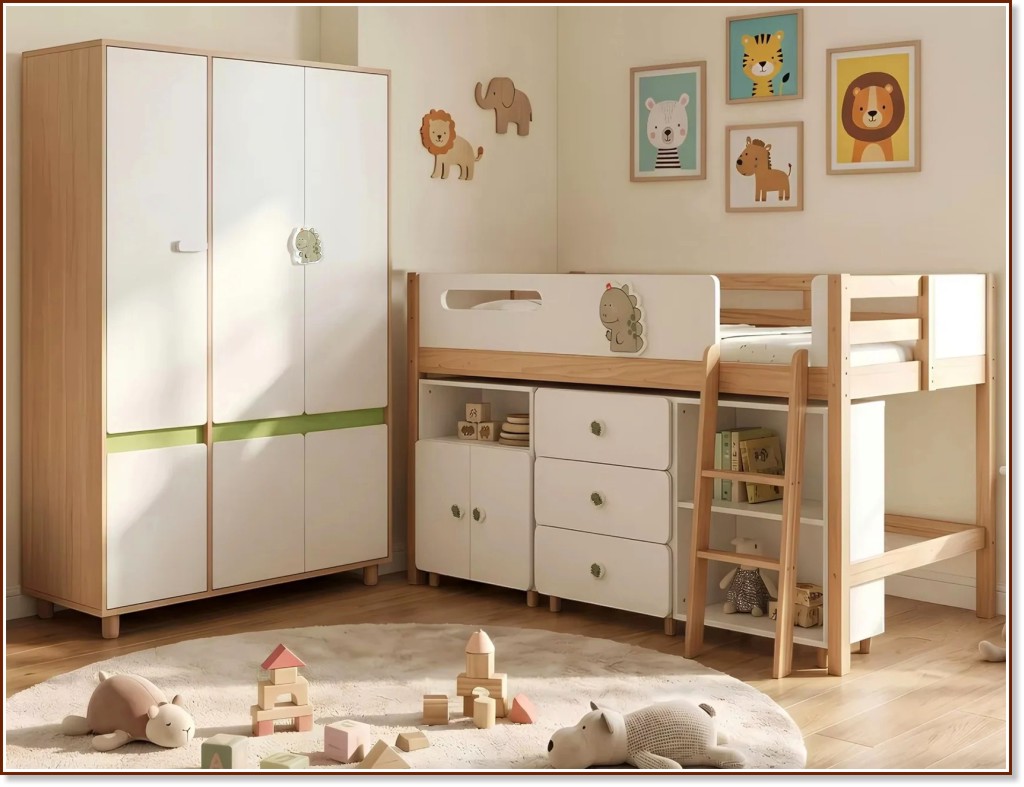 Детско легло и гардероб GINGER HOME Dino Детско легло и гардероб GINGER HOME Dino - За матрак 90 x 200 cm, с етажерка, шкаф и скрин - продукт