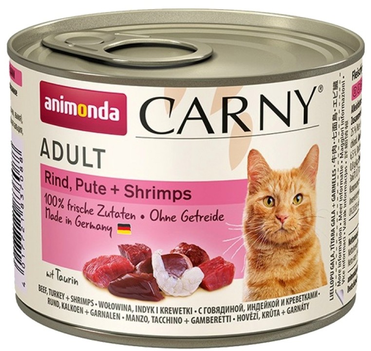 Консерва за котки Carny Adult Консерва за котки Carny Adult - 200 ÷ 6 x 400 g, с говеждо, пуешко и скариди, от 1 до 6 години - храна