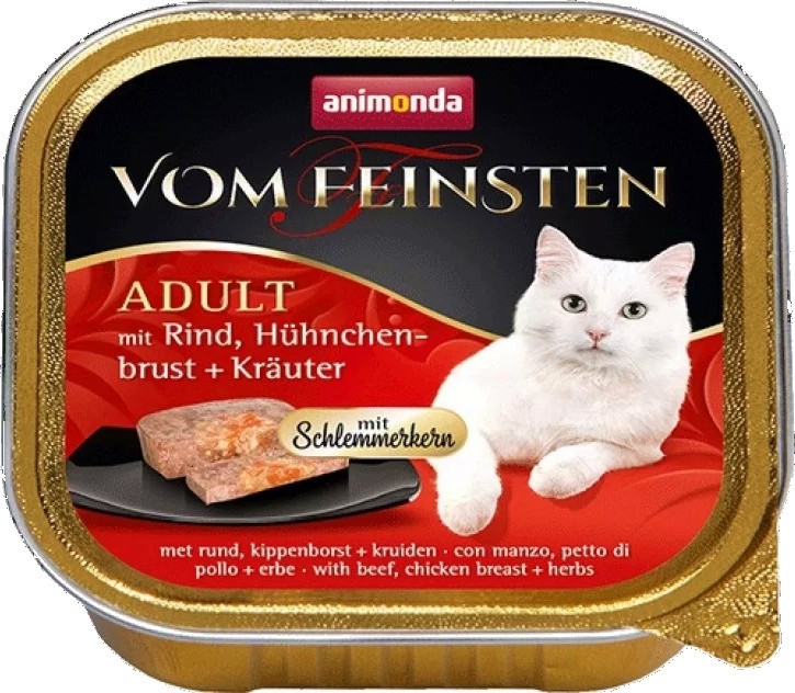 Пастет за котки 2 в 1 Animonda Vom Feinsten Adult Пастет за котки 2 в 1 Animonda Vom Feinsten Adult - 100 g, с говеждо, пилешки гърди и билки, от 1 до 6 години - храна