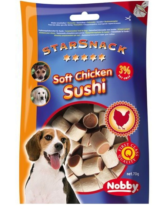 Лакомства за кучета Nobby Soft Chicken Sushi Лакомства за кучета Nobby Soft Chicken Sushi - 70 g, с пилешко и риба, от серията StarSnack - храна