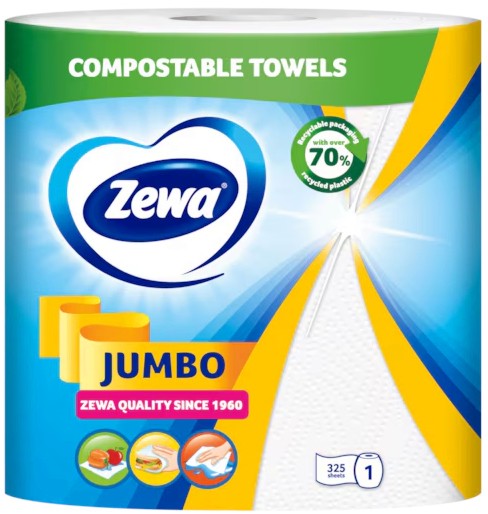 Двупластова кухненска хартия Zewa Jumbo White Двупластова кухненска хартия Zewa Jumbo White - 1 ролка x 325 къса - продукт