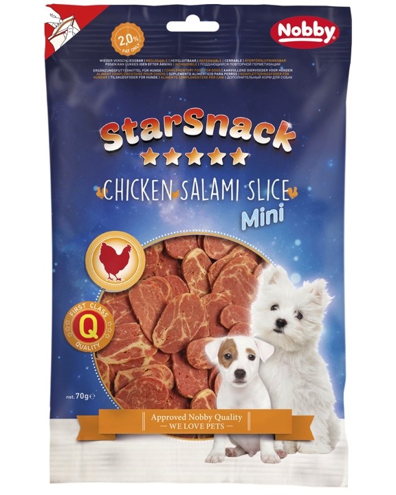 Лакомства за кучета Nobby Chicken Salami Slice Mini Лакомства за кучета Nobby Chicken Salami Slice Mini - 70 g, с пилешко и телешко, от серията StarSnack - храна