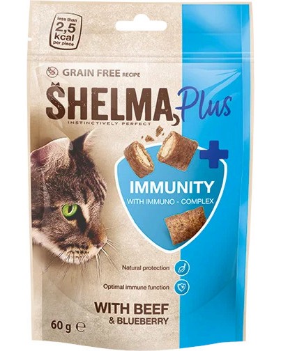 Лакомства за котки за подпомагане на имунната система SHELMA Plus IMMUNITY Лакомства за котки за подпомагане на имунната система SHELMA Plus IMMUNITY - 60 g, с говеждо и боровинки - храна