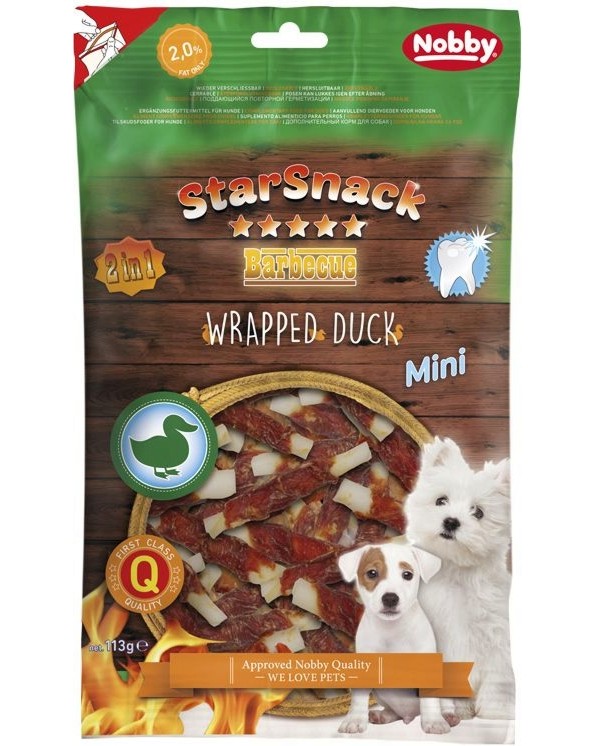 Лакомства за кучета Nobby StarSnack Wrapped Mini Лакомства за кучета Nobby StarSnack Wrapped Mini - 113 g, с патешко, от серията Barbecue, за дребни и малки породи - храна