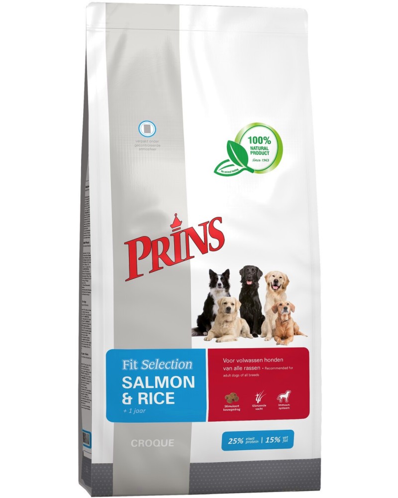 Натурална суха храна за кучета Prins Fit Selection Натурална суха храна за кучета Prins Fit Selection - 15 kg, със сьомга и ориз, над 1 година - храна