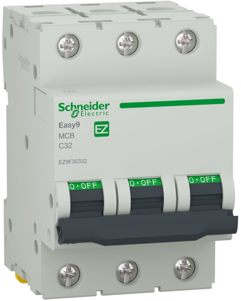 Трифазен автоматичен прекъсвач 32A 3P 6kA Schneider Electric EZ9F35332 Трифазен автоматичен прекъсвач 32A 3P 6kA Schneider Electric EZ9F35332 - За DIN шина, крива C от серията Easy9 -