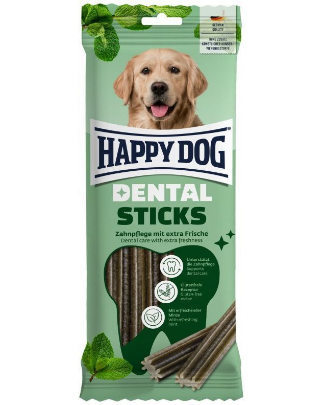 Дентални пръчици за кучета Happy Dog Sticks Дентални пръчици за кучета Happy Dog Sticks - 130 g, с мента, за средни и големи породи, от серията Dental Snacks - храна