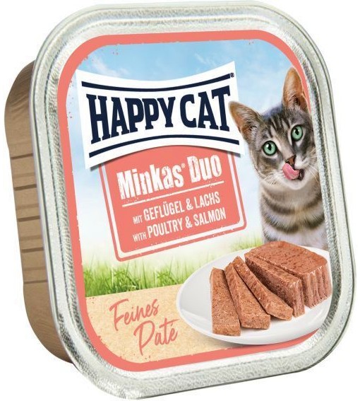 Пастет за котки Happy Cat Duo Пастет за котки Happy Cat Duo - 100 g, с птиче месо и сьомга, от серията Minkas, в зряла възраст - храна