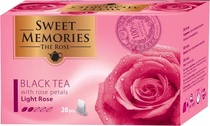 Черен чай с листа от роза SWEET MEMORIES Light Rose Черен чай с листа от роза SWEET MEMORIES Light Rose - 20 пакетчета с конец x 1.5 g - напитка