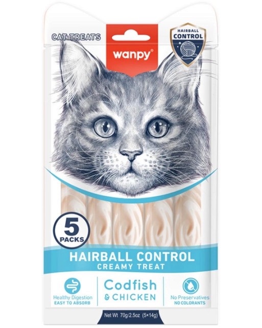 Кремообразни лакомства за котки против образуване на космени топки Wanpy Hairball Control Кремообразни лакомства за котки против образуване на космени топки Wanpy Hairball Control - 5 x 14 g, с риба треска и пилешко, за над 3 месеца - храна