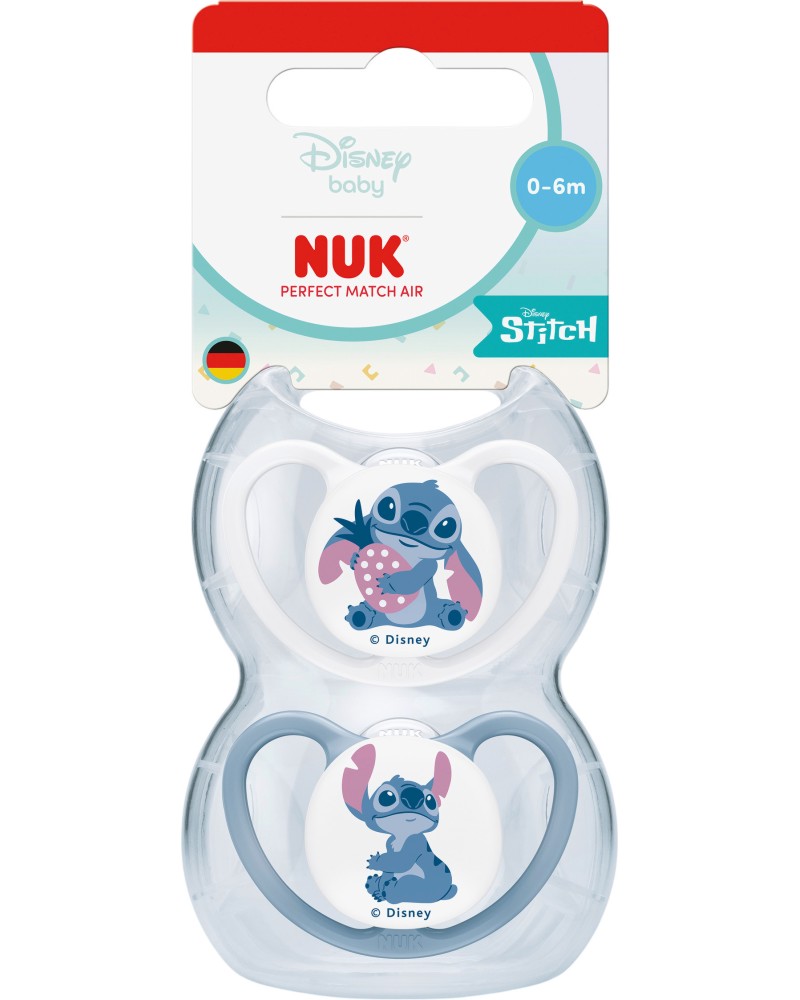 Ортодонтични залъгалки NUK Perfect Match Air Stitch Ортодонтични залъгалки NUK Perfect Match Air Stitch - 2 броя, с кутия за съхранение, на тема Лило и Стич, 0-6 м - залъгалка