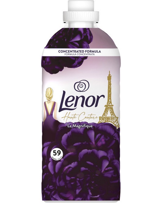 Омекотител за пране Lenor La Magnifique Омекотител за пране Lenor La Magnifique - 1.239 l, с аромат на ванилия и кехлибар, от серията Haute Couture - омекотител