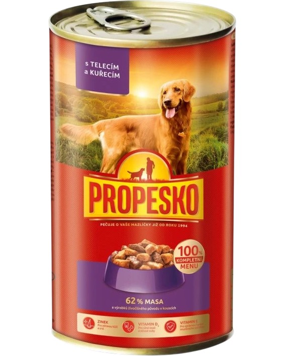 Консерва за кучета PROPESKO Консерва за кучета PROPESKO - 1.24 kg, с телешко и пилешко, за всички породи, в зряла възраст - храна