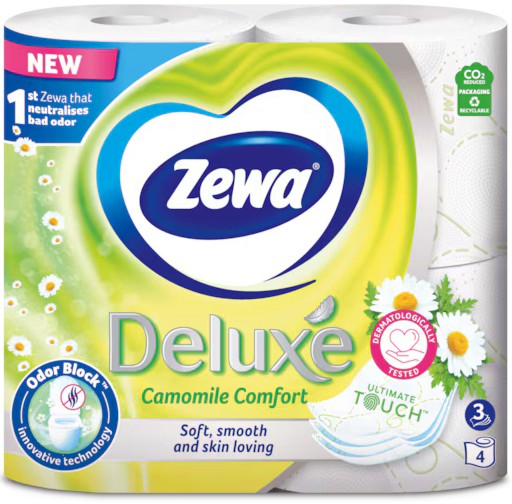 Трипластова тоалетна хартия Zewa Deluxe Camomile Comfort Трипластова тоалетна хартия Zewa Deluxe Camomile Comfort - 4 ÷ 24 рула - тоалетна хартия