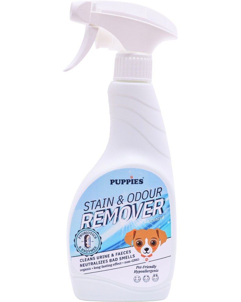 Препарат за премахване на петна и миризми с пробиотик и ензими PUPPIES Stain & Odour Remover Препарат за премахване на петна и миризми с пробиотик и ензими PUPPIES Stain & Odour Remover - 500 ml, без аромат - почистващ препарат
