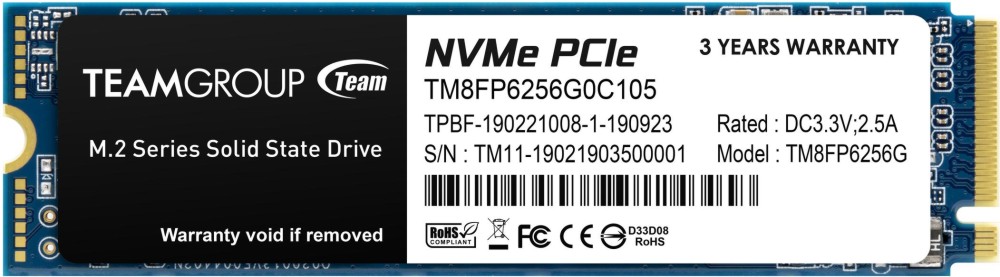 SSD памет Team Group MP33 PCIe 3.0 x4 NVMe 1.3 2280 SSD памет Team Group MP33 PCIe 3.0 x4 NVMe 1.3 2280 - 256 GB, четене 1600 MB/s, запис 1000 MB/s, 3D NAND TLC -