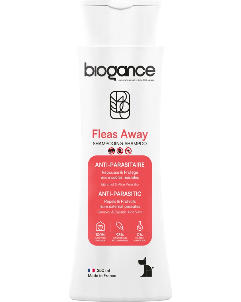 Репелентен шампоан за кучета BIOGANCE Fleas Away Репелентен шампоан за кучета BIOGANCE Fleas Away - 250 ml, с гераниол и алое вера - шампоан