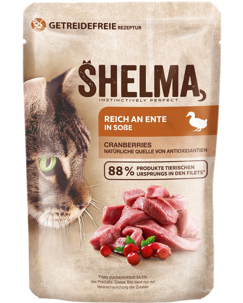 Пауч за котки SHELMA Пауч за котки SHELMA - 85 и 28 x 85 g, с патешко и червени боровинки в сос - храна