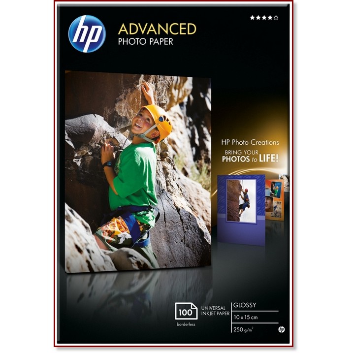 Гланцирана фотохартия за мастиленоструйни устройства HP Advanced Glossy Photo Гланцирана фотохартия за мастиленоструйни устройства HP Advanced Glossy Photo - 10 x 15 cm, 100 листа, 250 g/m<sup>2</sup> -